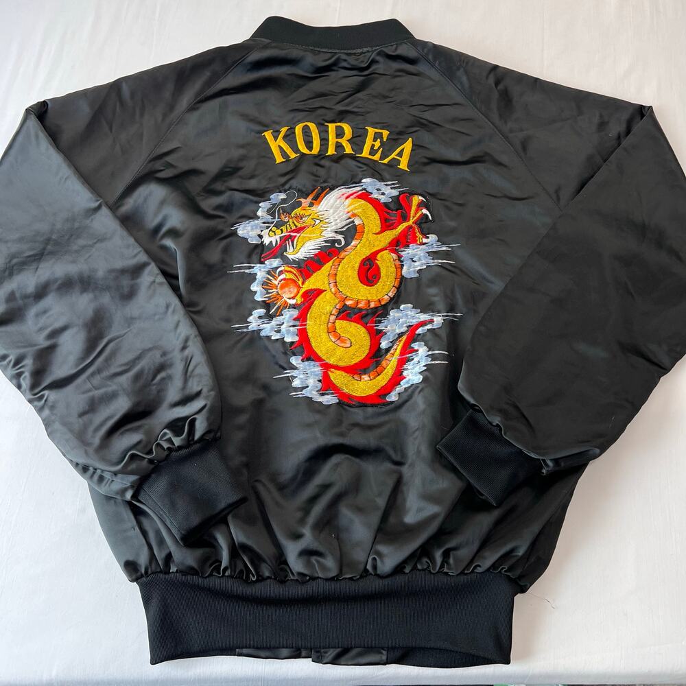 Vintage Korea Embroidered Dragon Black Satin Jacket Size XL Helen